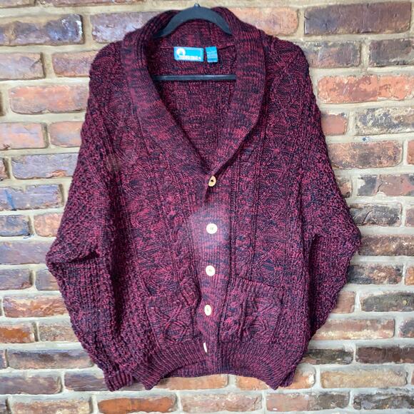 Timber Trail Red Black Knit Button Down Heavyweight Cardigan Sweater Size Large - Picture 1 of 7